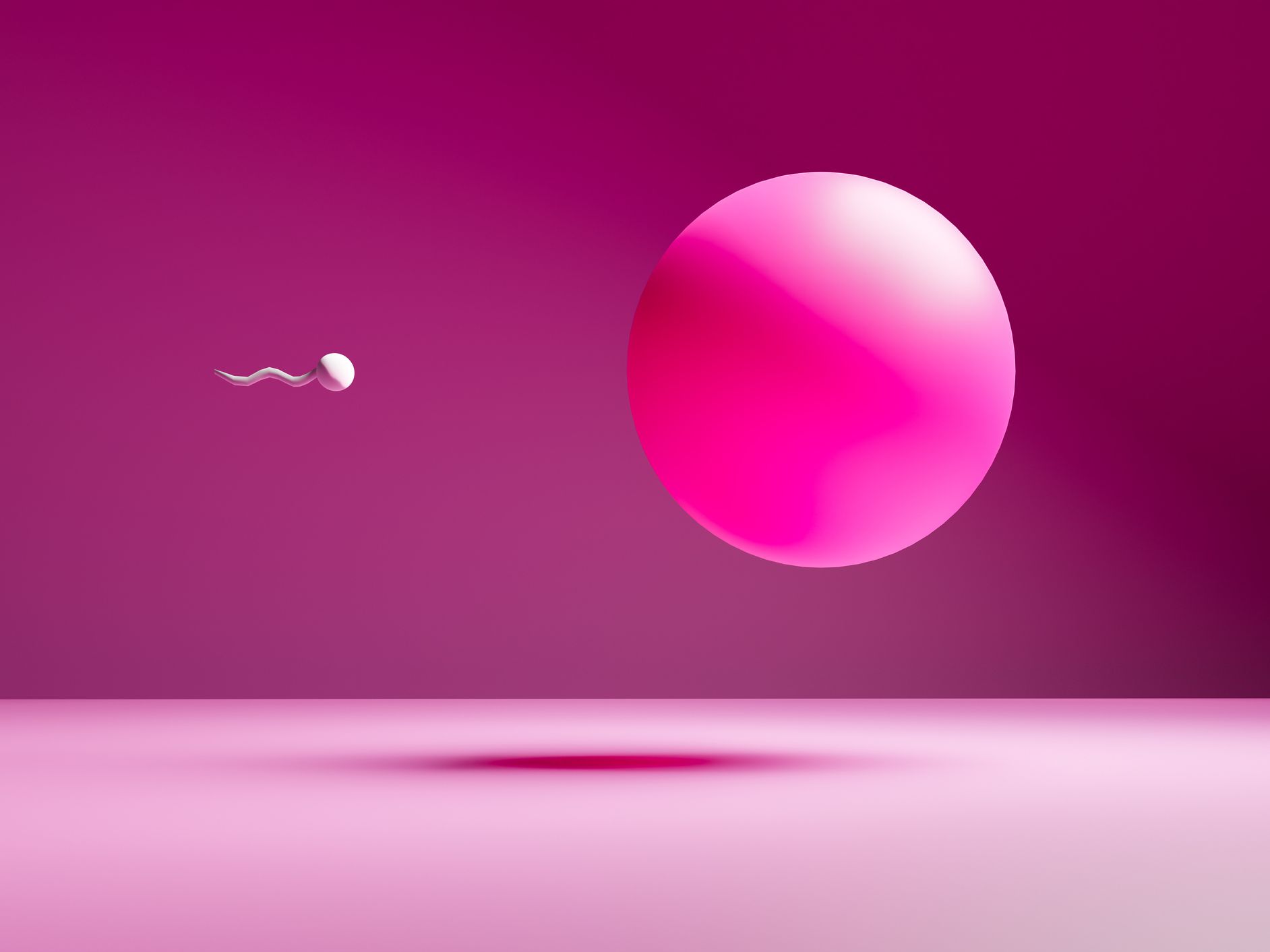 pink ball representing an egg against a pink backdrop with a sperm swimming toward it