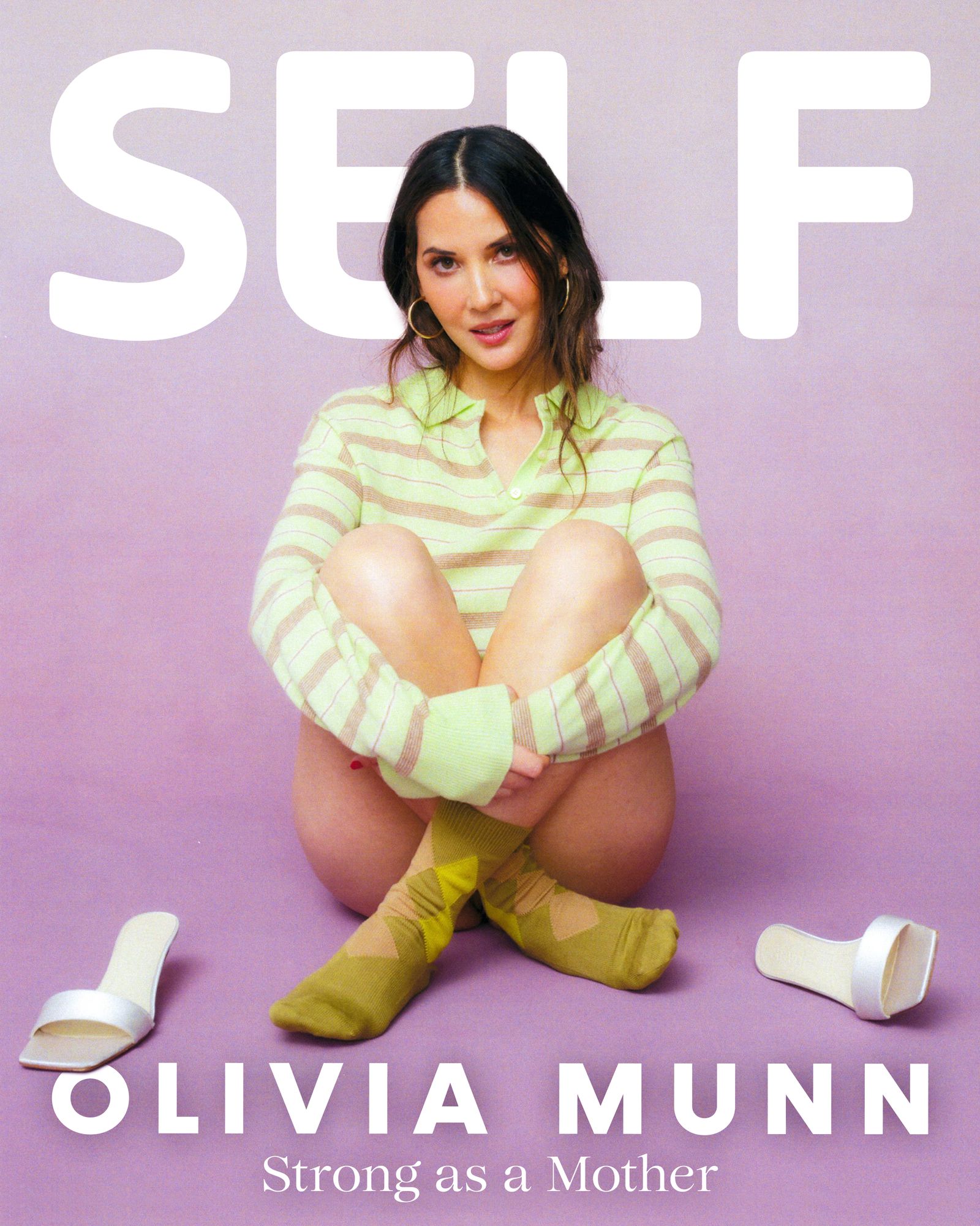 Image may contain Olivia Munn Person Sitting Clothing Footwear Shoe Face Head Photography Portrait and High Heel