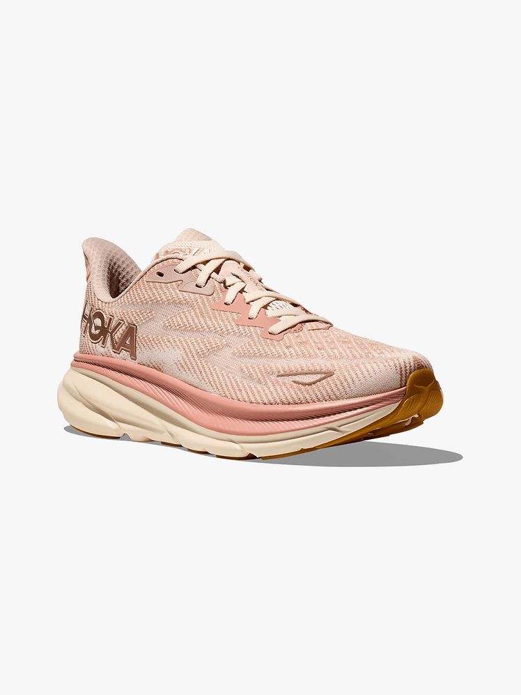 Clifton 9 sneaker in branded soft mauve and coral color way on light gray background
