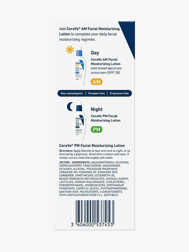 Facial Moisturizing Lotion PM in branded box packaging on light gray background