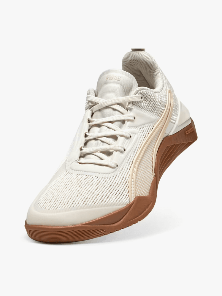 Fuse 3.0 Training Shoes in branded white cream and brown color way on light gray background
