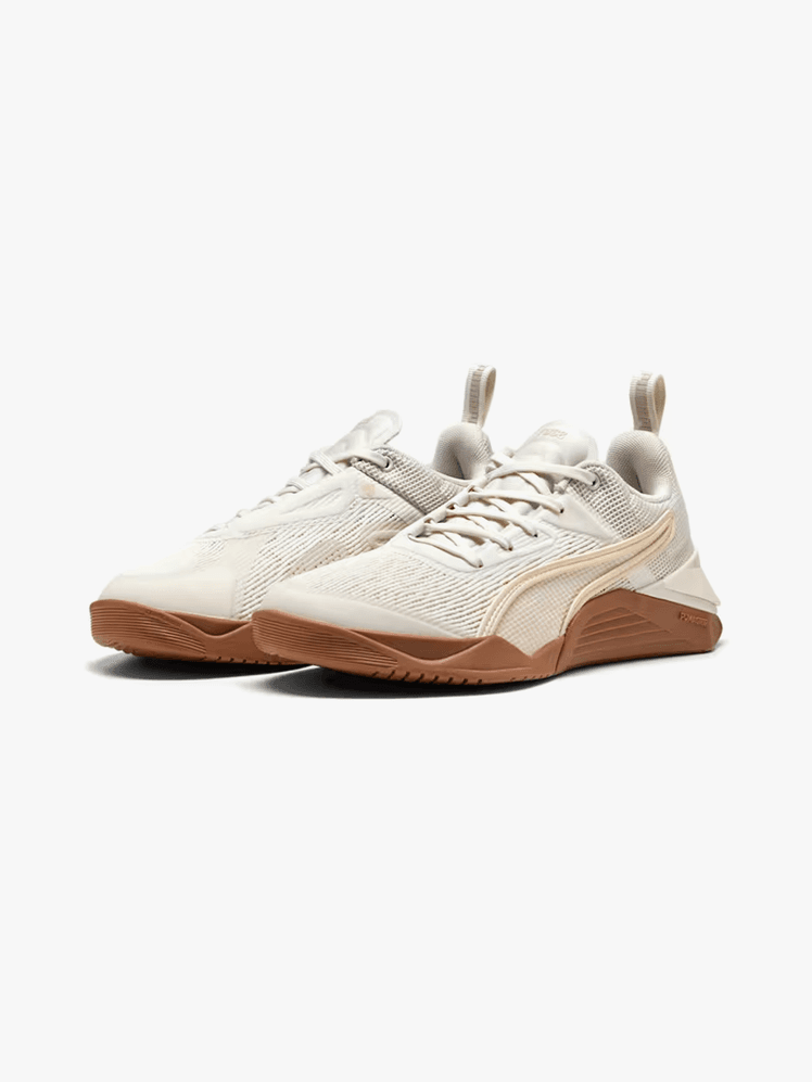 Fuse 3.0 Training Shoes in branded white cream and brown color way on light gray background