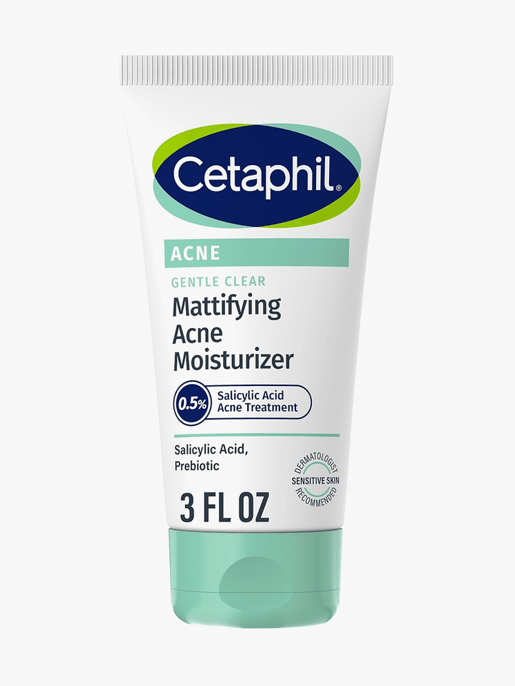 Gentle Clear Mattifying Acne Moisturizer in branded white tube with teal cap on light gray background