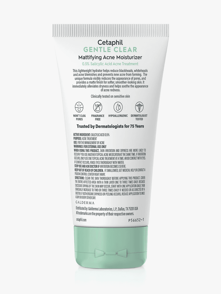 Gentle Clear Mattifying Acne Moisturizer in branded white tube with teal cap on light gray background
