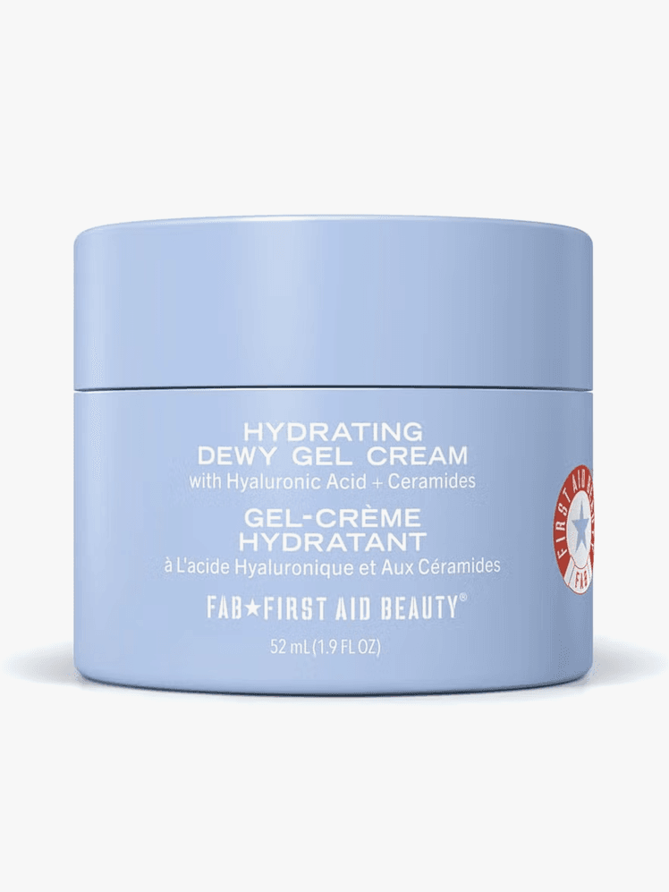 Hydrating Dewy Gel Cream Moisturizer in branded soft blue jar on light gray background