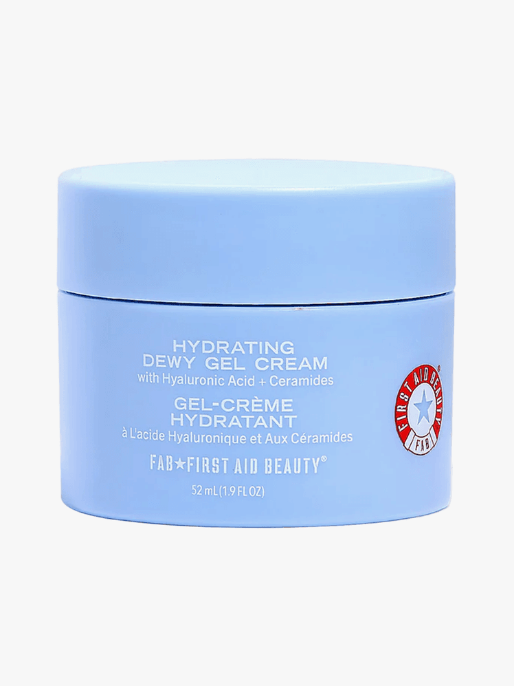 Hydrating Dewy Gel Cream Moisturizer in branded soft blue jar on light gray background