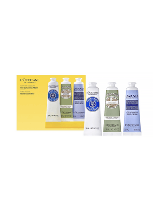 Loccitane Hand Cream Classics with branded box packaging with three tubed hand creams on white background