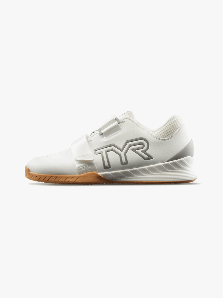 L-1 Lifter sneakers in branded white cream and gray color way on light gray background