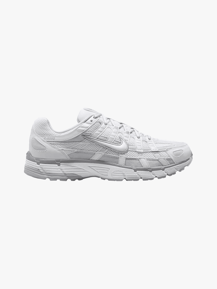 P-6000 sneakers in branded white and silver color way on light gray background