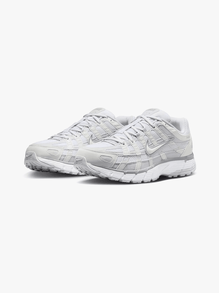 P-6000 sneakers in branded white and silver color way on light gray background