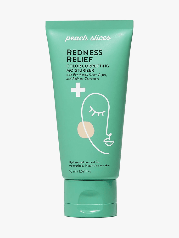 Redness Relief Color Correcting Moisturizer in branded green tube with cap on light gray background