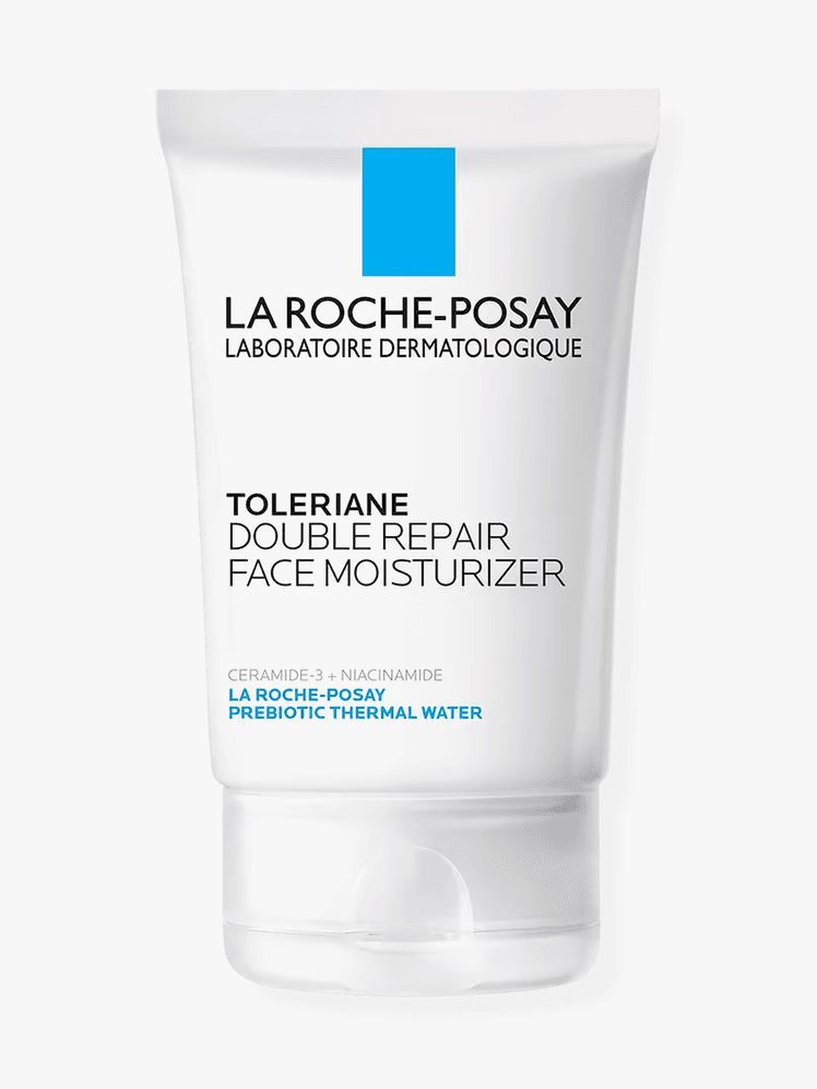 Toleriane Double Repair Face Moisturizer in branded white tube with cap on light gray background