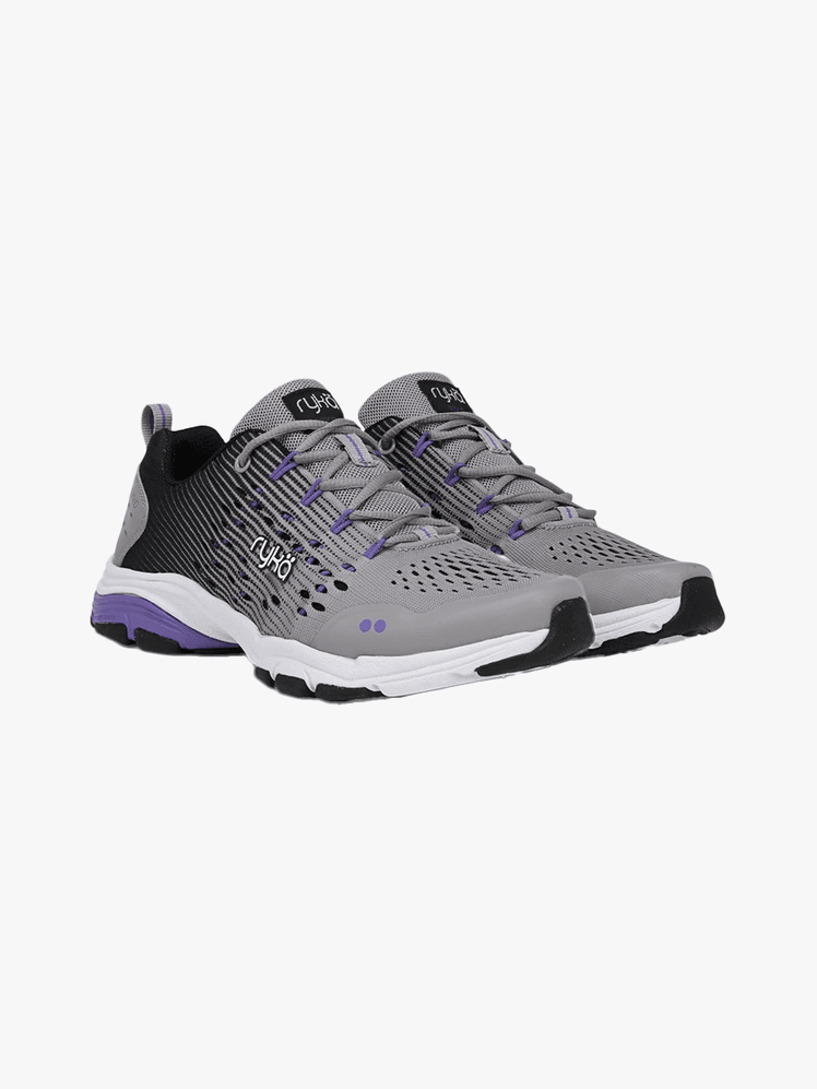 Vida RZX sneakers in branded gray purple and black color way on light gray background