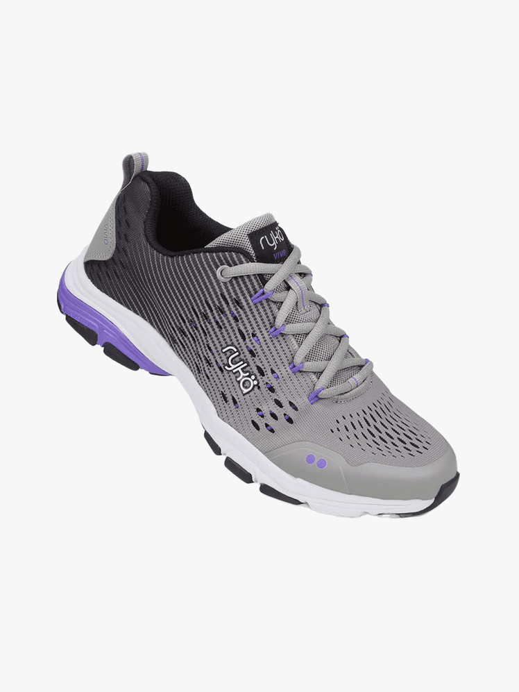 Vida RZX sneakers in branded gray purple and black color way on light gray background