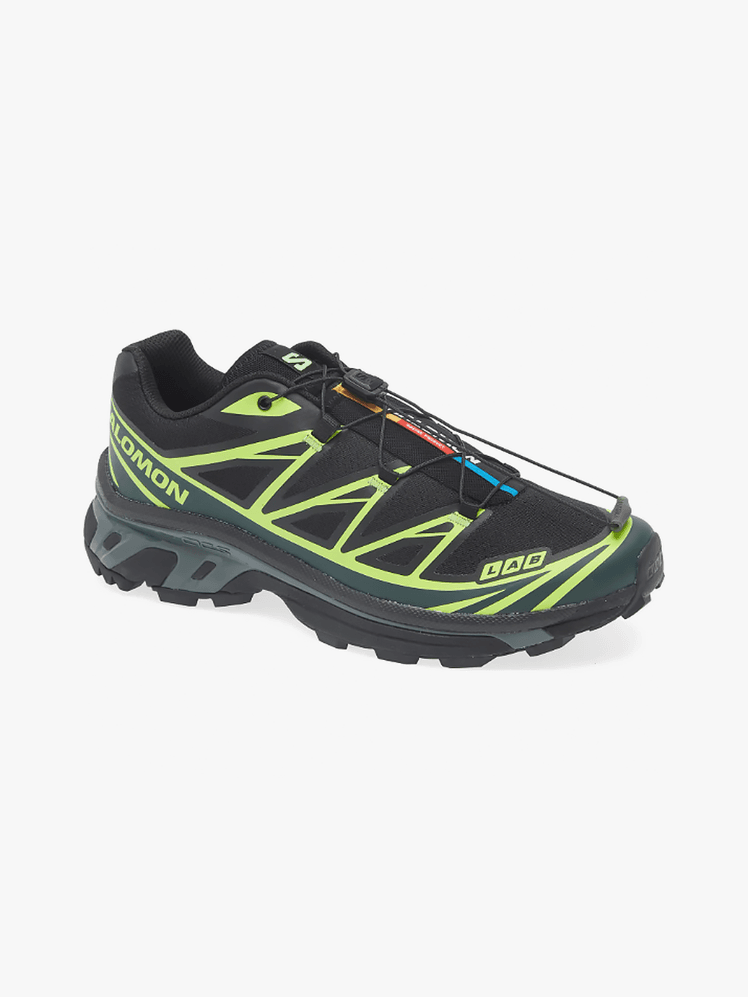 XT-6 sneakers in black and lime color way on light gray background