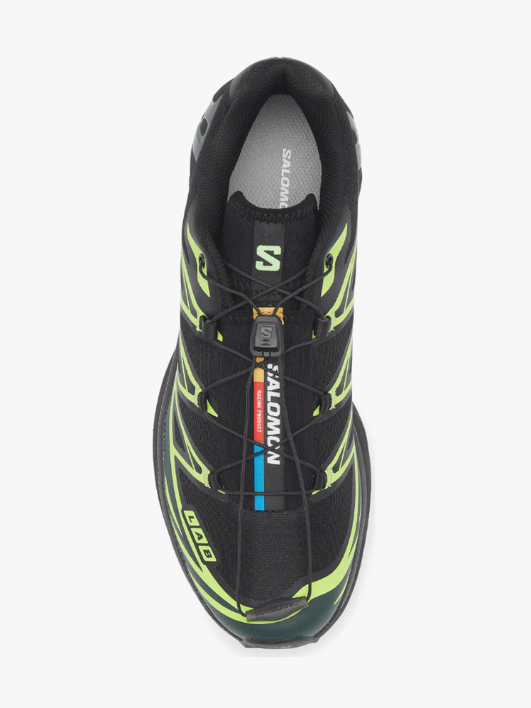 XT-6 sneakers in black and lime color way on light gray background